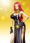  1girl abs baccarat_(one_piece) bare_shoulders black_dress black_gloves blush breasts cleavage covered_navel dress earrings erect_nipples gloves gradient_background green_eyes hand_on_hip highres large_breasts legs long_hair navel nel-zel_formula one_piece one_piece_film_gold red_hair shiny shiny_skin simple_background sleeveless smile solo standing tattoo thighs 