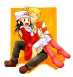  1girl alternate_costume bad_id bad_pixiv_id beanie black_eyes black_hair blonde_hair blush boots carrying coat hat hikari_(pokemon) jun_(pokemon) long_hair lowres nuzzle orange_(color) pokemon pokemon_(game) pokemon_dppt pokemon_platinum princess_carry red_coat red_footwear sakake_asobi scarf sitting sitting_on_lap sitting_on_person striped striped_sweater surprised sweater thighhighs white_legwear winter_clothes winter_coat 