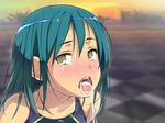  1girl after_fellatio bare_arms bare_shoulders bijo_athlete_no_nikutai_shazai! blurry_background blush close-up crying cum cum_in_mouth green_hair highres legs looking_at_viewer open_mouth original shiny shiny_hair shiny_skin short_hair sleeveless solo swimsuit tears thighs tongue yellow_eyes yoko_juusuke 