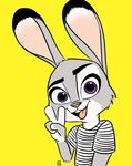 2017 absurd_res anthro clothed clothing dipstick_ears disney female fur hi_res judy_hopps lagomorph mammal nick-and-judy-daily_(artist) purple_eyes rabbit simple_background solo v_sign yellow_background zootopia 