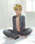 alphonse_elric androgynous barefoot bed blonde_hair crossed_legs fullmetal_alchemist grey_background long_hair looking_at_viewer male_focus noako open_clothes open_shirt pants shirt simple_background smile solo window yellow_eyes 