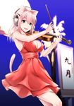  animal_ears blush bow_(instrument) breasts cat_ears cleavage commentary_request dress ganari_ryuu green_eyes headphones headset highres instrument large_breasts long_hair music open_mouth original pink_hair playing_instrument smile solo super_tama_musume tail tamatoys violin 