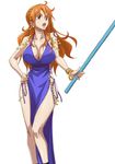  1girl bare_shoulders blue_dress bracelet breasts brown_eyes cleavage curvy dress hands_on_hips hips holding kyabakurabakufu large_breasts long_hair nami_(one_piece) one_piece open_mouth orange_hair staff tattoo teeth thighs tongue white_background 