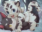  2017 anthro black_fur black_nose blue_eyes cat cub cute duo feline fur grass looking_at_viewer lying male mammal moki nude on_back one_eye_closed outside snow tiger tree white_fur white_tiger wood yellow_eyes young 