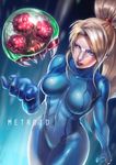  absurdres arm_at_side blonde_hair blue_eyes bodysuit breasts collarbone copyright_name covered_navel cowboy_shot dutch_angle hand_up high_ponytail highres hips lips looking_at_another metroid metroid_(creature) mole mole_under_mouth open_mouth ponytail samus_aran skin_tight zero_suit zuma_(zuma_yskn) 