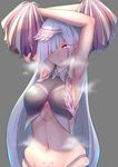  :q armpits arms_up bangs blush breasts breath brynhildr_(fate) cheer_for_master closed_mouth commentary_request earrings fate/prototype fate/prototype:_fragments_of_blue_and_silver fate_(series) grey_background hair_ornament hair_over_one_eye heart heart-shaped_pupils heart_tattoo highres hip_bones holding jewelry large_breasts long_hair looking_at_viewer navel navel_piercing nikuku_(kazedesune) piercing pom_poms pubic_tattoo purple_eyes sideboob silver_hair simple_background smile solo steam steaming_body stud_earrings sweat symbol-shaped_pupils tattoo tongue tongue_out tsurime upper_body 