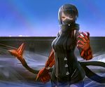  bad_id bad_pixiv_id bangs black_hair cyberpunk cyborg eyepatch highres kasagarasu looking_at_viewer mecha_musume mechanical_arm mechanical_tail orange_eyes original science_fiction short_hair sky solo standing sumi_elias swept_bangs tail 