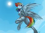  2016 anthro anthrofied anus blue_feathers breasts butt cloud cutie_mark day equine feathered_wings feathers female friendship_is_magic hair looking_at_viewer mammal multicolored_hair my_little_pony nipples outside pegasus pussy quynzel rainbow_dash_(mlp) sky smile solo sun underhoof wings 