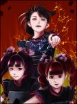  3girls babymetal black_hair bow character_request fire long_hair lsize multiple_girls ponytail punch purple_hair red_hair tagme twintails 