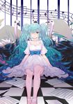  absurdres aqua_eyes aqua_hair bandage_over_one_eye beamed_eighth_notes bird checkered checkered_floor dress eighth_note flat_sign half_note hatsune_miku highres long_hair musical_note ostrich sheet_music sitting sixteenth_note solo staff_(music) tears treble_clef twintails very_long_hair vocaloid white_dress whole_note yinmu_(rtjk3752) 