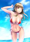  bangs bikini blunt_bangs breasts brown_eyes brown_hair cloud day grin highres kannagi_shiori large_breasts long_hair looking_at_viewer navel one_eye_closed outdoors red_bikini school_girl_strikers side-tie_bikini smile solo splashing swimsuit water yuuki1103 