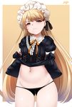  black_dress black_gloves black_panties blonde_hair bow closed_mouth cowboy_shot cross cross_earrings dress dress_lift earrings frilled_hairband frills girls_frontline gloves hairband highres jewelry long_hair looking_at_viewer mapar navel orange_background orange_bow panties ppk_(girls_frontline) solo underwear white_hairband yellow_eyes 
