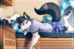  alarm_clock avoid_posting bed bedroom black_fur canine clock clothed clothing fur furniture hahul male male_in_bed mammal morning solo tired underwear white_fur 