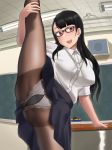  1girl black_hair black_legwear blush brown_eyes classroom commentary_request dress_shirt earrings fine_fabric_emphasis glasses highres jewelry long_hair necklace open_mouth original panties panties_under_pantyhose pantyhose pearl_necklace plump ryokucha_michi school shirt skirt solo split standing standing_on_one_leg standing_split teacher thighs underwear white_shirt 