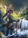  2017 anthro black_nose breasts canine detailed_background digital_media_(artwork) female fox fur grass green_eyes hair hihikori holding_object holding_weapon mammal melee_weapon moss partially_submerged polearm rock smile solo spear standing water weapon 