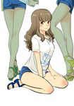  ass bangs blue_shorts blush brown_eyes brown_hair eyebrows_visible_through_hair kannagi_shiori long_hair looking_at_viewer matsuno_minoru sandals school_girl_strikers shirt short_shorts shorts sitting smile t-shirt wariza wavy_hair 