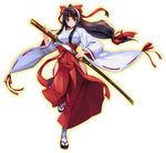  black_hair bow breasts clog_sandals closed_mouth full_body hair_bow hair_ribbon hakama headband hip_vent holding holding_sword holding_weapon japanese_clothes katana large_breasts long_hair long_sleeves looking_at_viewer low-tied_long_hair miko official_art ponytail purple_eyes queen's_blade queen's_blade_unlimited red_hakama ribbon ribbon-trimmed_sleeves ribbon_trim sheath sidelocks smile solo standing sword tabi tomoe transparent_background unsheathing weapon wide_sleeves 