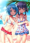  akemi_homura bangs beach bikini bikini_skirt black_hair blue_hair blue_skirt blue_sky blush breasts cloud cloudy_sky collarbone commentary_request day double_v eyebrows_visible_through_hair grin highres looking_at_viewer mahou_shoujo_madoka_magica medium_breasts microskirt miki_sayaka multiple_girls one-piece_swimsuit outdoors palm_tree parted_lips purple_eyes red_skirt revision rin2008 short_hair sidelocks skirt sky smile standing striped striped_bikini sweat swimsuit thighs tree v wet white_swimsuit 