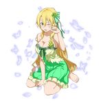  barefoot blonde_hair blush breasts bug butterfly cleavage full_body green_eyes hand_on_own_cheek highres insect insect_on_head large_breasts leafa long_hair looking_at_viewer open_mouth pointy_ears ponytail sitting solo strap_slip sword_art_online transparent_background wariza 