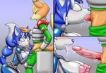  2017 anthro blue_fur blue_hair bodysuit breasts canine chameloshi clothing cum cum_in_mouth cum_inside cum_on_breasts duo exposed_breasts eyes_closed fellatio female fox fox_mccloud fur green_eyes hair krystal male male/female mammal nintendo nipples open_mouth oral orange_fur penis saliva sex skinsuit star_fox tight_clothing tongue tongue_out video_games white_fur 