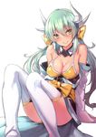  bikini bow breasts cleavage closed_mouth detached_collar eyebrows_visible_through_hair fate/grand_order fate_(series) green_hair hair_between_eyes hair_bow highres horns kiyohime_(fate/grand_order) kiyohime_(swimsuit_lancer)_(fate) long_hair looking_at_viewer low_twintails medium_breasts nebusoku off_shoulder satsuki_neko simple_background sleeves_past_wrists smile solo swimsuit thighhighs twintails white_background white_legwear wide_sleeves yellow_bikini yellow_eyes 