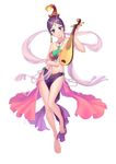  breasts fiodo green_eyes highres instrument looking_at_viewer lute_(instrument) medium_breasts multicolored multicolored_eyes navel original pipa_(instrument) purple_eyes purple_hair short_hair simple_background solo white_background 