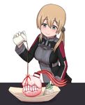  anchor_hair_ornament aqua_eyes blonde_hair commentary drooling escort_fortress_(kantai_collection) hair_ornament kantai_collection meme misumi_(niku-kyu) pouring prinz_eugen_(kantai_collection) saratoga_(kantai_collection) smile teeth twintails 