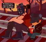 2017 age_difference alternate_species animated beverage boots bracelet clothed clothing cup cute dialogue drinking english_text factory footwear hair hair_bun human humanized jacket jewelry lori_m._(nitw) mae_(nitw) mammal mask nails pants shirt smoke speech_bubble straw sunset text threehairs_(artist) tracks train_tracks tree 
