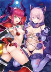  2girls :d animal_ears areola_slip areolae armor ass asymmetrical_legwear back bat berserker_(fate/zero) bikini_armor black_gloves black_legwear blue_eyes blush breasts cleavage commentary_request dangerous_beast dragon_horns dragon_tail earrings elbow_gloves elizabeth_bathory_(brave)_(fate) elizabeth_bathory_(fate) elizabeth_bathory_(fate)_(all) fangs fate/extra fate/extra_ccc fate/grand_order fate_(series) full_moon fur_trim gloves halloween_costume hand_on_hip helmet horns jewelry jirusu kneeling long_hair looking_at_viewer loose_bikini mash_kyrielight medium_breasts moon multiple_girls navel night open_mouth pointy_ears purple_eyes purple_gloves purple_hair purple_legwear red_armor revealing_clothes revision short_hair shoulder_armor sideboob small_breasts smile tail thighhighs tiara wolf_ears wolf_tail 