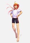  ahoge azusa_(hws) barefoot bike_shorts commentary_request fate/grand_order fate_(series) full_body grey_background gym_shirt gym_uniform hands_on_hips headband long_hair looking_at_viewer male_focus muscle_cavalier_(fate/grand_order) open_mouth rama_(fate/grand_order) red_eyes red_hair shirt shorts signature simple_background smile solo t-shirt 