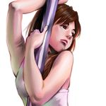  armpits bangs breasts brown_eyes brown_hair closed_mouth long_hair looking_away looking_to_the_side medium_breasts parted_bangs pole_dancing sanukiyan simple_background sketch white_background 