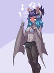  2017 anthro bat big_breasts blue_hair blush breasts clothed clothing cum cum_through_clothing cum_through_underwear dickgirl erection eyes_closed fur glowing_flesh grey_fur hair hi_res intersex limebreaker mammal michi_tsuki panties penis raised_tail simple_background solo underwear wings 