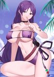  1girl absurdres armlet belt bikini breasts choker eyepatch_bikini fate/grand_order fate_(series) female large_breasts long_hair looking_at_viewer minamoto_no_raikou_(fate/grand_order) minamoto_no_raikou_(swimsuit_lancer)_(fate) navel ocean outdoors purple_bikini purple_eyes purple_hair purple_swimsuit side-tie_bikini smile solo squirrelhollow standing summer swimsuit thighs very_long_hair 