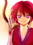  1girl akatsuki_no_yona arrow bow earrings japanese_clothes lsize pink_hair purple_eyes quiver red_hair short_hair smile solo sunset yona_(akatsuki_no_yona) 