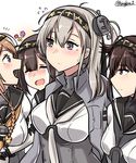  absurdres akizuki_(kantai_collection) bad_id bad_twitter_id black_hair black_neckwear blue_eyes blush braid breasts brown_eyes closed_eyes clothes_writing corset flying_sweatdrops gloves grey_hair grey_jacket grey_neckwear hatsuzuki_(kantai_collection) headband highres jacket kantai_collection kiritto large_breasts light_brown_hair long_hair looking_at_another medium_breasts multiple_girls necktie open_mouth purple_eyes range_finder sailor_collar short_sleeves simple_background smile suzutsuki_(kantai_collection) teruzuki_(kantai_collection) twin_braids twitter_username upper_body white_background white_gloves yellow_neckwear 