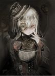  clockwork cross-laced_clothes facial_tattoo gears gothic gothic_wa_mahou_otome hand_on_own_cheek highres lolita_fashion looking_at_viewer night_vision_device red_eyes rosalie_(gothic_wa_mahou_otome) solo steampunk tattoo upper_body white_hair yae_(mono110) 