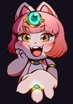  &lt;3 &lt;3_eyes absurd_res animal_humanoid anthro bastet berseepon09 blush cat clothed clothing cute egyptian feline female fur hair hi_res humanoid jewelry looking_at_viewer mammal open_mouth pink_fur red_hair smile sparkle yellow_eyes 