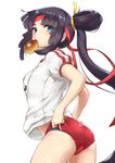  adjusting_buruma adjusting_clothes ass bangs black_hair blue_eyes blue_panties blunt_bangs blurry blush bread bread_eating_race buruma eyebrows_visible_through_hair fate/grand_order fate_(series) food food_in_mouth from_side gym_shirt gym_uniform headband long_hair looking_at_viewer looking_back mouth_hold name_tag outdoors p!nta panties panties_under_buruma parted_bangs red_buruma shirt short_sleeves sidelocks simple_background solo thighs underwear ushiwakamaru_(fate/grand_order) white_background white_shirt 