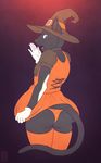  2017 anthro blue_eyes butt cat choker clothed clothing corset costume crossdressing dress feline girly glopossum gloves halloween hat holidays legwear lingerie looking_at_viewer magic_user male mammal smile solo stockings surprise thong underwear witch witch_hat 