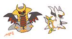  arceus artist_name auko black_sclera full_body giratina green_sclera jumping looking_to_the_side no_humans pokemon pokemon_(creature) pokemon_dppt red_eyes running signature simple_background sitting tail text white_background wings 