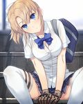  bag bangs between_legs blonde_girl_(itou) blonde_hair blue_eyes blue_pupils bow bra bra_through_clothes breasts brown_gloves buttons cleavage closed_mouth collarbone cowboy_shot eyebrows_visible_through_hair gloves hair_ribbon hand_between_legs head_tilt itou_(onsoku_tassha) large_breasts looking_at_viewer original outdoors parted_bangs partially_unbuttoned pleated_skirt ponytail ribbon school_bag school_uniform see-through shirt short_sleeves shoulder_bag sitting skirt solo thigh_strap thighhighs underwear v_arms white_bra white_legwear zettai_ryouiki 