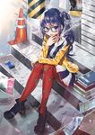  artist_name bad_id bad_pixiv_id bangs blue_eyes blue_hair book boots cigarette cigarette_box day dress eyebrows_visible_through_hair glasses grey-framed_eyewear hand_on_own_knee highres holding holding_cigarette imai_midori jacket knees_up long_hair long_sleeves looking_at_viewer meoneo outdoors pantyhose parted_lips print_legwear red_legwear shirobako side_ponytail sitting smoke smoking solo stairs star star_print traffic_cone 