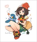  1girl animal_ears arm_up artist_name auko beanie bird black_hair blue_eyes blush bubble cat cat_ears cat_tail english feet from_behind full_body green_shorts hand_up hat heart heart-shaped_pupils litten looking_back looking_to_the_side mizuki_(pokemon_sm) paws pokemon pokemon_(creature) pokemon_sm popplio red_eyes red_hat red_shoes rowlet shirt shoes short_hair short_sleeves shorts signature simple_background sitting smile symbol-shaped_pupils tail text white_background yellow_sclera yellow_shirt zzz 