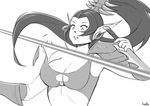  breasts cleavage cleavage_cutout commentary dagger dark_eldar earrings greyscale jewelry lutherniel monochrome pointy_ears ponytail solo torn_bikini torn_clothes warhammer_40k weapon 