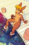  balls big_penis blonde_hair brown_eyes brown_fur can chest_fuzz chest_tuft dock ducky_(artist) fur hair hare lagomorph looking_at_viewer mammal monster_energy_drink multicolored_fur penis ponytail pubes rabbit smile tuft two_tone_fur water 