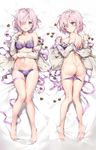  anmi ass bangs bare_legs bare_shoulders barefoot bed_sheet blush bow bow_bra bra breasts chocolate chocolate_heart commentary_request dakimakura detexted eyebrows_visible_through_hair eyes_visible_through_hair fate/grand_order fate_(series) frilled_bra frills from_above full_body hair_over_one_eye heart highres large_breasts lavender_hair looking_at_viewer looking_back lying mash_kyrielight medium_breasts multi-strapped_panties multiple_views navel off_shoulder on_back on_stomach open_clothes open_mouth panties panty_pull plaid plaid_bra plaid_panties purple_bra purple_eyes purple_panties ribbon sample short_hair smile third-party_edit underwear 