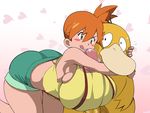  1girl alternate_breast_size asb2 ass bare_shoulders bent_over between_breasts blush_stickers breasts censored crop_top happy heart highres hug huge_breasts huge_penis kasumi_(pokemon) mosaic_censoring orange_hair paizuri penis pokemon pokemon_(anime) pokemon_(creature) ponytail psyduck shorts side_boob sleeveless smile suspenders 