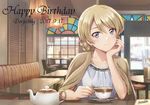  artist_name bangs blonde_hair blue_eyes braid brown_sweater cafe cardigan casual ceiling_light chair character_name closed_mouth collarbone commentary_request cup darjeeling dated dress eyebrows_visible_through_hair fingernails girls_und_panzer hair_between_eyes hand_on_own_chin happy_birthday head_rest holding holding_cup indoors looking_at_viewer reflection restaurant road_sign saucer shamakho short_hair sign signature smile solo sweater swept_bangs table teacup teapot unbuttoned white_dress window wooden_chair wooden_table 