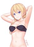  armpits arms_up bangs bikini black_bikini blonde_hair blue_eyes braid breasts cai_geng closed_mouth collarbone commentary_request cowboy_shot darjeeling eyebrows_visible_through_hair girls_und_panzer hair_between_eyes hair_half_undone hair_over_shoulder highres long_hair looking_at_viewer medium_breasts navel o-ring o-ring_bikini o-ring_top simple_background smile solo swimsuit twitter_username white_background 