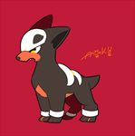  animal_ears artist_name auko dog_ears fang feet full_body furry houdour no_humans open_mouth paws pokemon pokemon_(creature) pokemon_gsc red_background signature simple_background solo standing tail teeth text yellow_eyes 